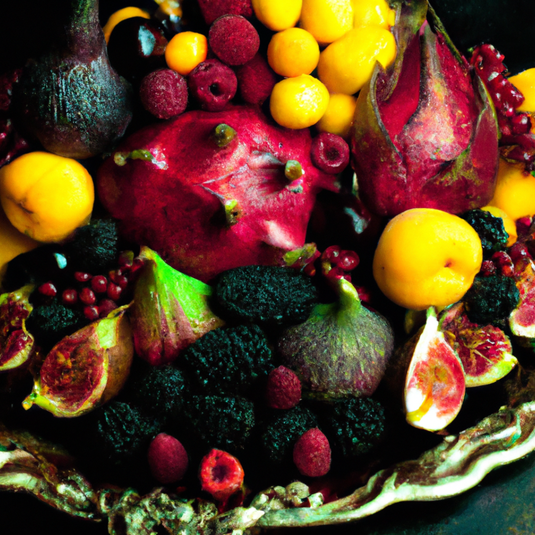 Colorful assortment of fresh fruits on a decorative platter