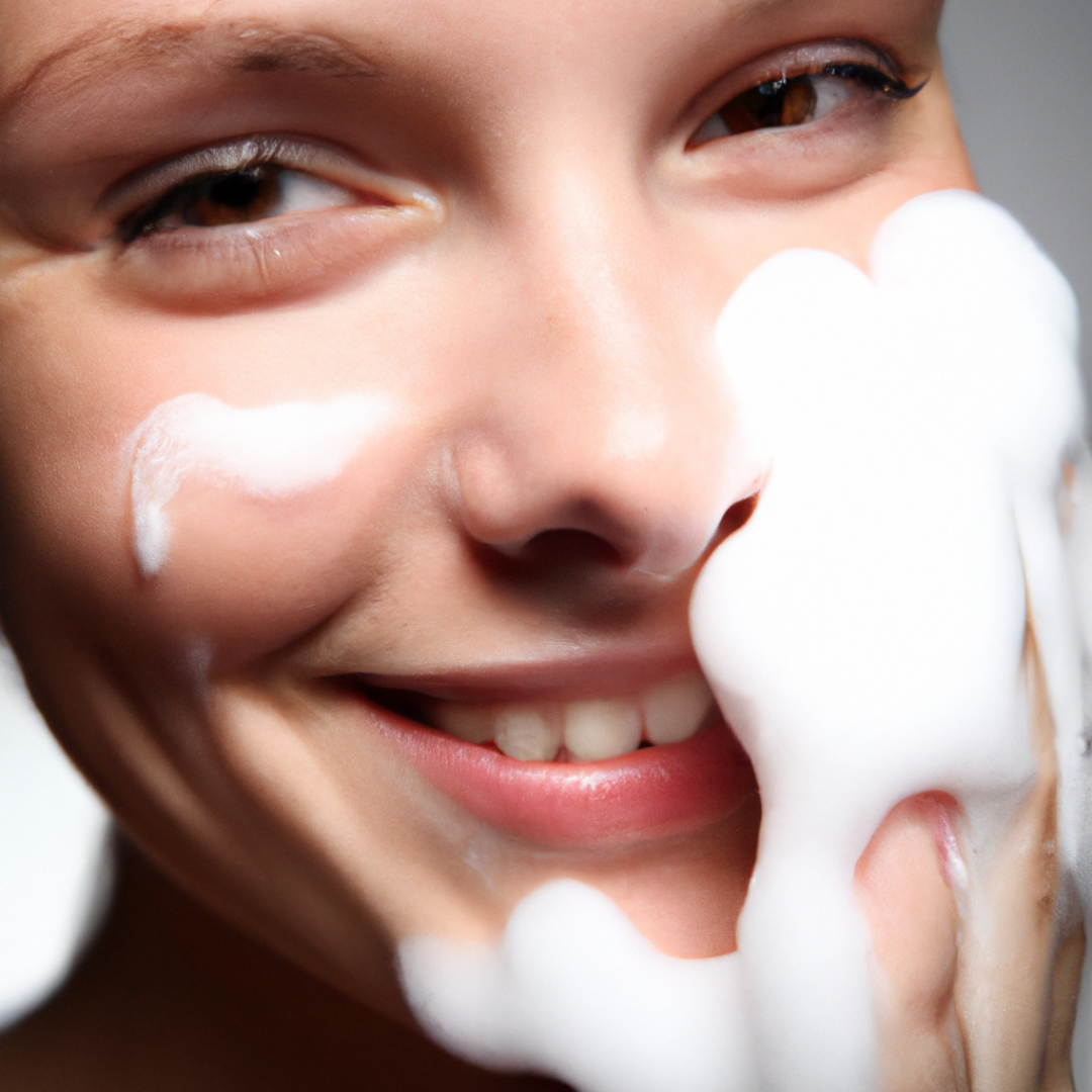 Smiling face with white foam or cleanser being applied to the cheeks