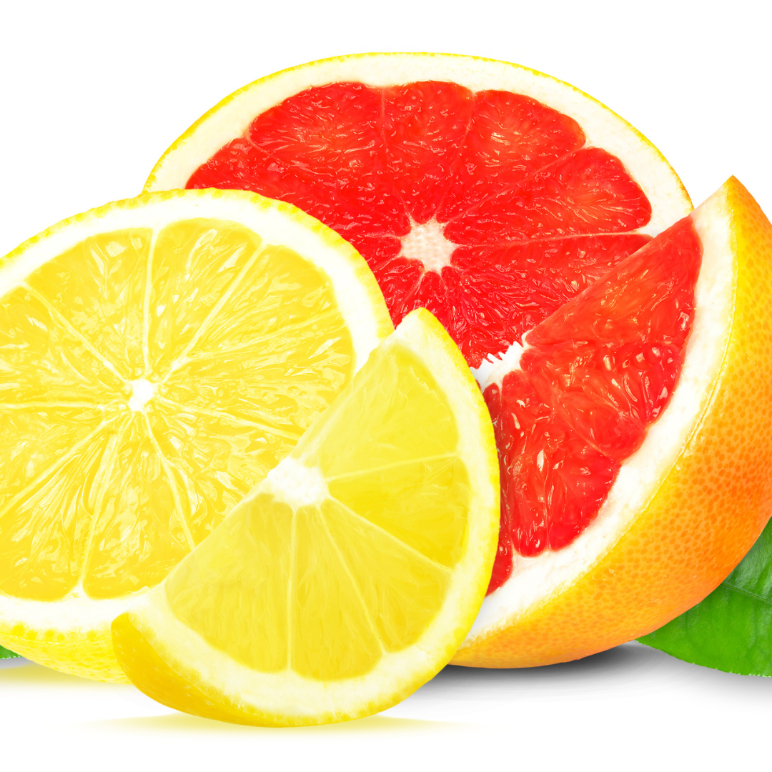 Sliced citrus fruits including lemon and grapefruit