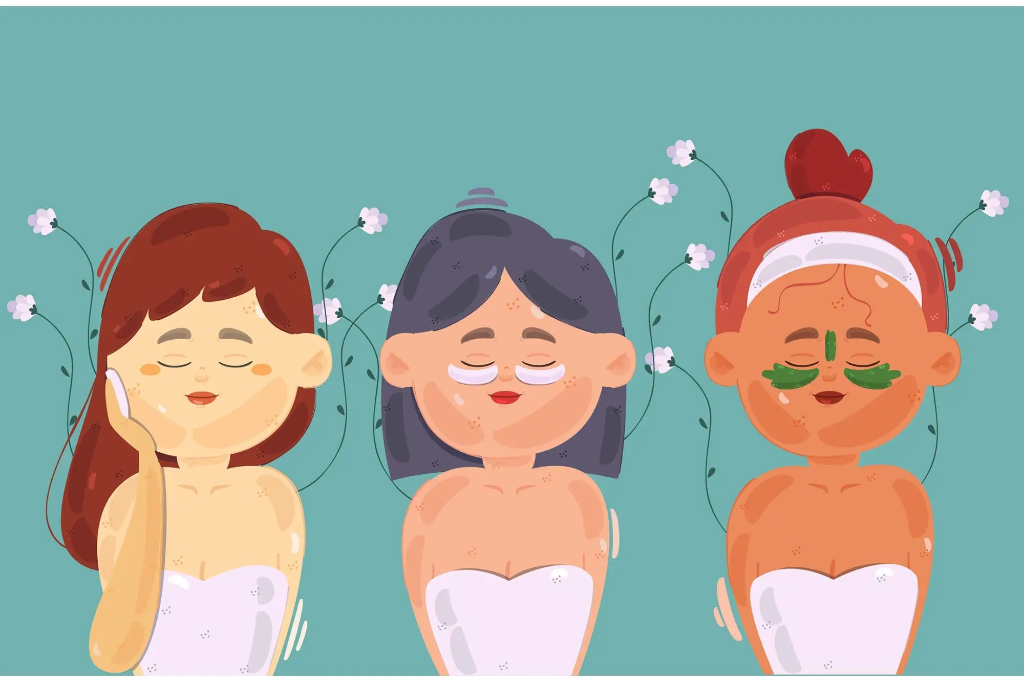 Three peaceful figures wearing white tops with delicate white flowers behind them.