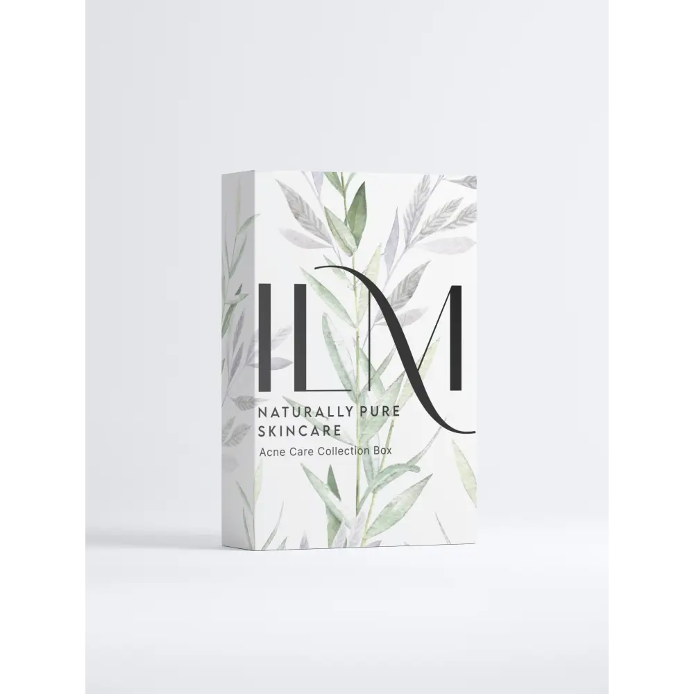 White acne care collection box with delicate leaf illustrations and ILM Skincare branding.