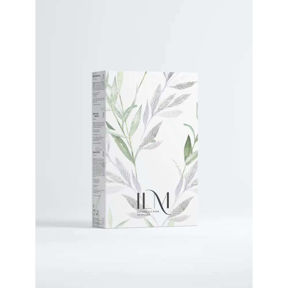 White acne care collection box with delicate leaf illustrations and ILM Skincare branding.